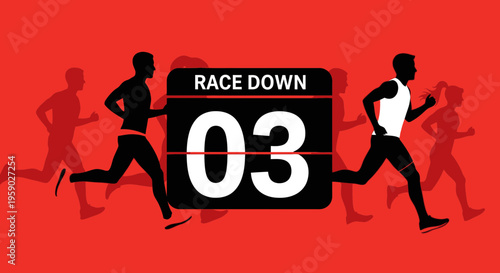 Athletic Countdown and Silhouette Runners Against Red Background, Race Down Concept Design