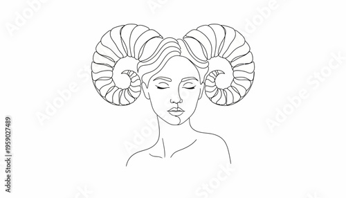 Aries Zodiac Sign Woman Portrait with Ram Horns, Astrology Symbol, Line Art