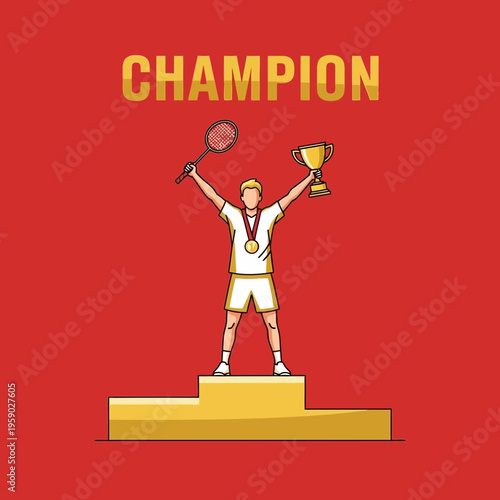 Badminton Champion Celebrating Victory on Podium with Trophy and Racquet against Red Backdrop