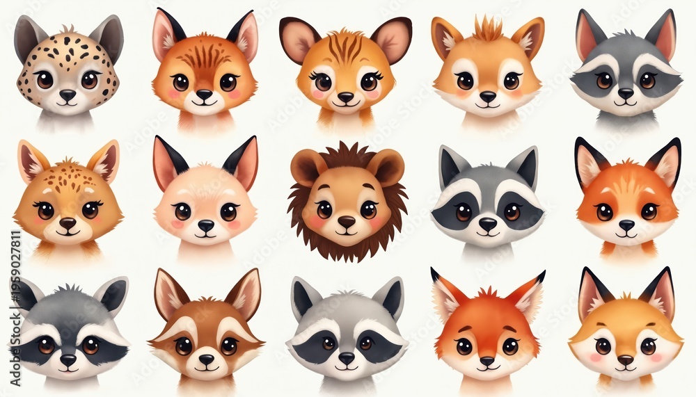 Naklejka premium Collection of cute cartoon animal faces including foxes, raccoons, and cheetah cubs. Artwork for children books, posters and kids room decor. Small mammals with big eyes look friendly.