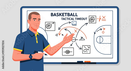 Basketball Coach Explaining Tactical Timeout Strategy on Whiteboard