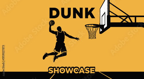 Basketball Dunking Showcase Graphic Featuring Silhouette of Player and Hoop in Action