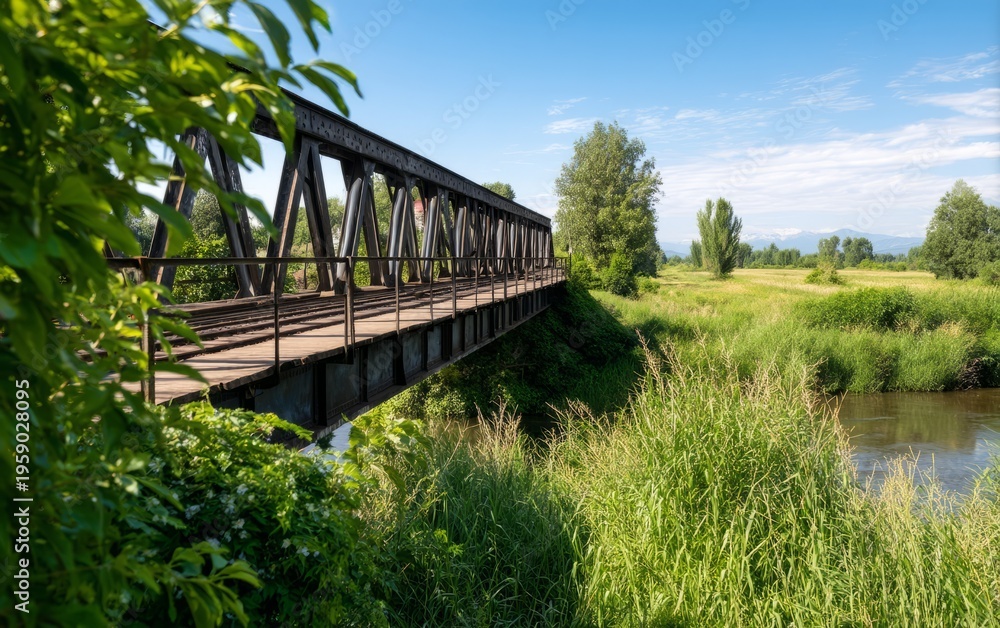 Fototapeta premium Vintage Iron Railway Bridge Over Countryside Stream Surrounded by Nature
