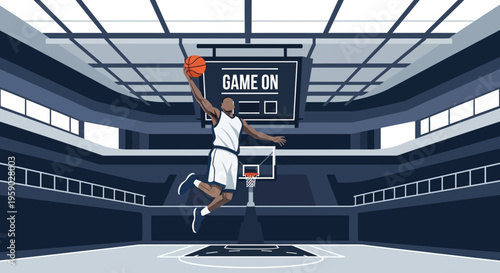 Basketball Player in Action Dunking Ball Inside A Modern Arena During A Game