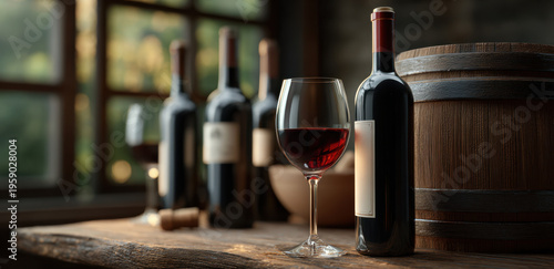 Red wine glass bottle barrel wooden table cellar vineyard tasting cozy evening rich aroma