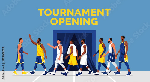 Basketball Tournament Opening: A Team of Players Entering the Arena to Compete