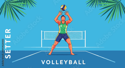 Beach Volleyball Setter Executing A Perfect Set Under Tropical Palm Leaves