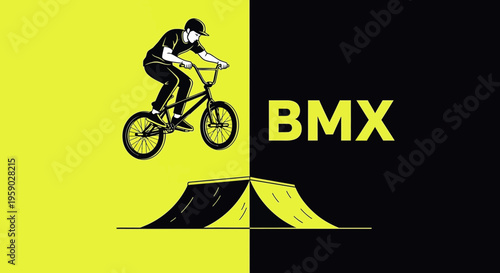 Bicycle Motocross Icon with Rider Performing Aerial Stunt on Ramp against Graphic Background