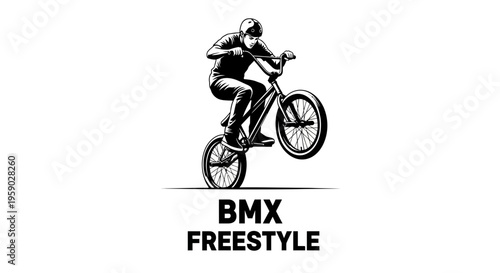 Black And White BMX Freestyle Action Illustration on White Background