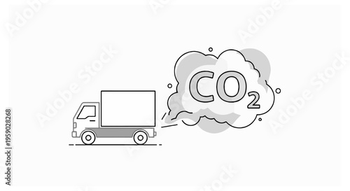 A grayscale vector illustration of a commercial delivery truck with a large shaded gray carbon dioxide emission cloud trailing behind it on a white background.
