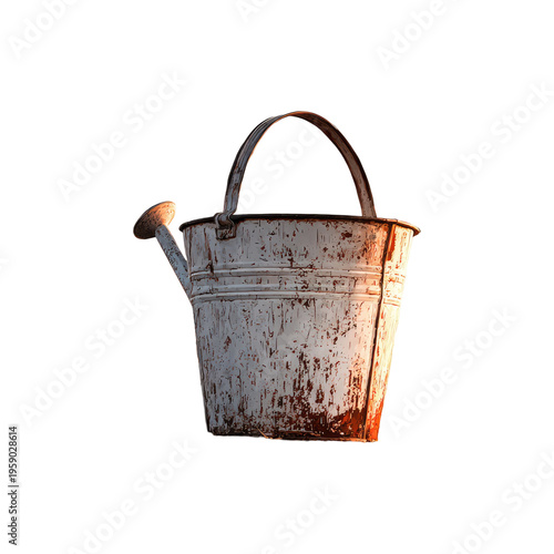 Vintage metal watering can rustic garden tool aged texture farmhouse style container gardening equipment old iron pot isolated on white background
