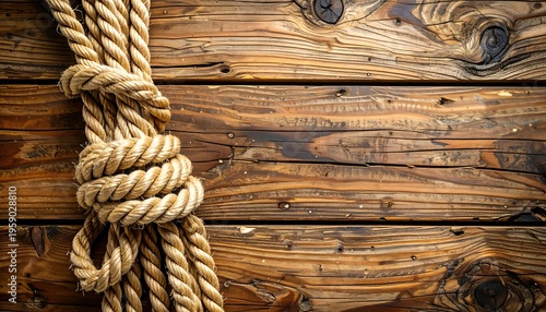 Rope knot on rustic wooden planks