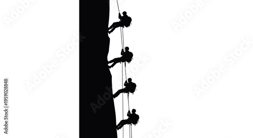 Silhouettes of climbers rappelling down a steep cliff face against a white background