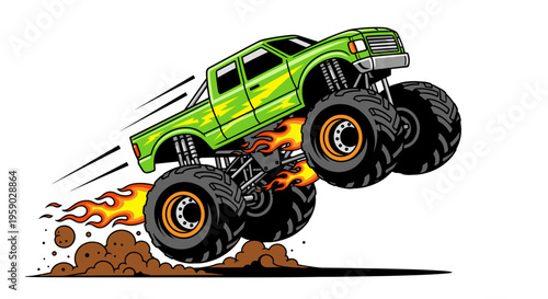 Green monster truck jumping with flames and dirt dynamic action