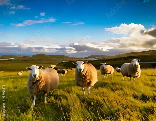 Sheep grazing in a golden field under a vibrant sky