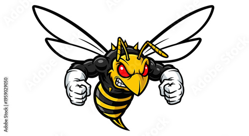 Aggressive cartoon wasp mascot with muscular arms and sharp teeth