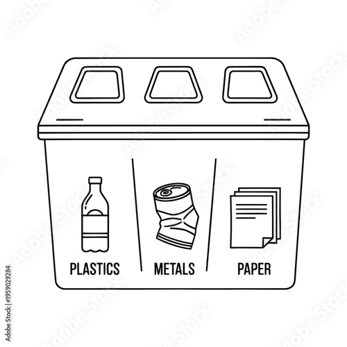 recycling bin with labeled compartments for plastics, metals, and paper