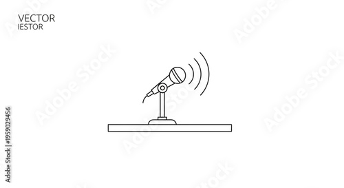 Vintage Microphone on Stand with Sound Waves, Retro Audio Recording Equipment