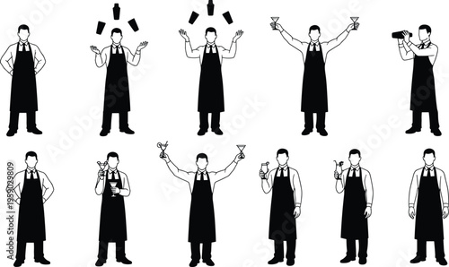 Bartender silhouette collection juggling bottles mixing cocktails serving martini glasses professional barman bar staff vector illustration set