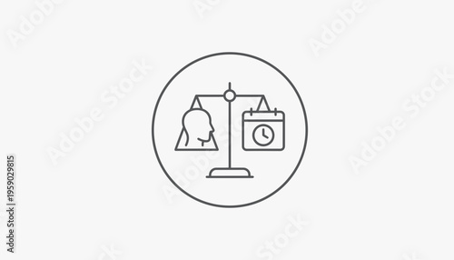Work-life balance scale icon: human head vs calendar, concept of time management and priorities
