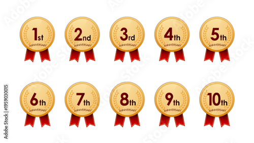 1周年から10周年までのアニバーサリーメダルセット｜リボン付き記念バッジ・ベクター : anniversary icon 17