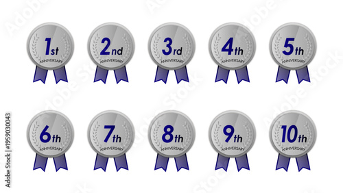 1周年から10周年までのアニバーサリーシルバーメダルセット｜リボン付き記念バッジ・ベクター : anniversary icon 18