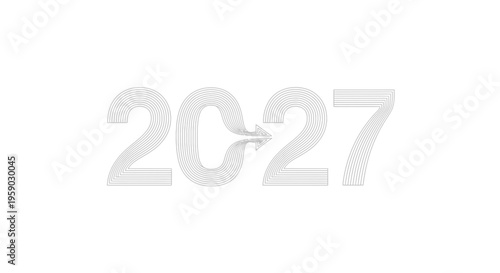 Year 2027 futuristic text with arrow transition, clean white background, modern design