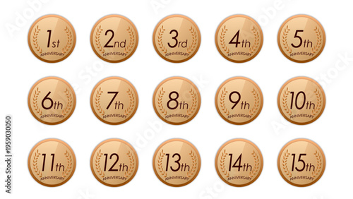 1周年から10周年までのアニバーサリーメダルセット｜メタルカラーの記念バッジ・ベクター : anniversary icon 19