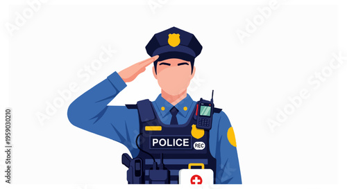 Male police officer in blue uniform salutes against white background.