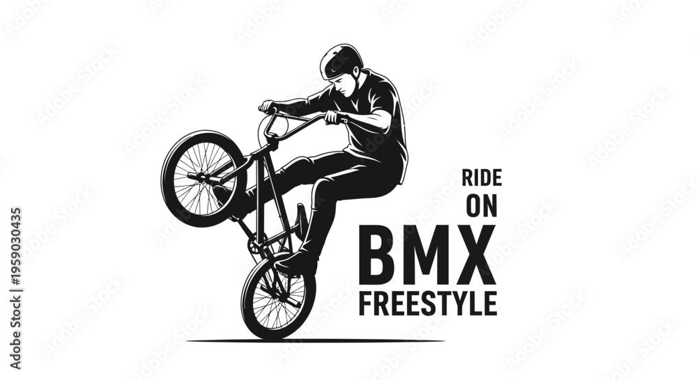 Fototapeta premium BMX Freestyle Rider Performing a Wheelie, Action Silhouette Against White Background