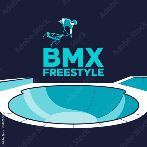 BMX Freestyle Rider Executes a Thrilling Air Trick Over a Stylish Blue Concrete Skatepark