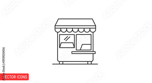 Simple line icon of a food stall or kiosk with awning and windows