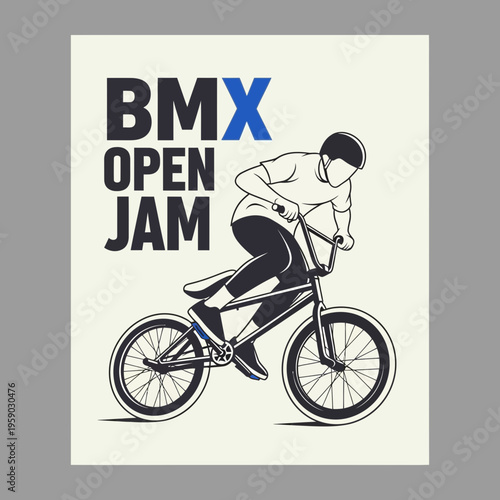 BMX Open Jam Poster Featuring a Rider Performing a Stunt in Monochrome Design