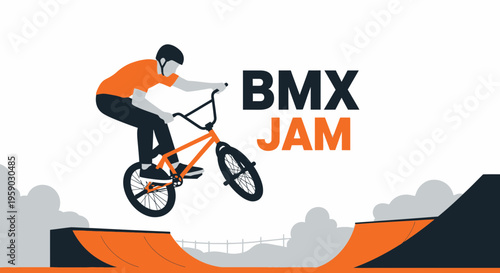BMX Jam Freestyle Biker Performing Dynamic Jump Over Ramp