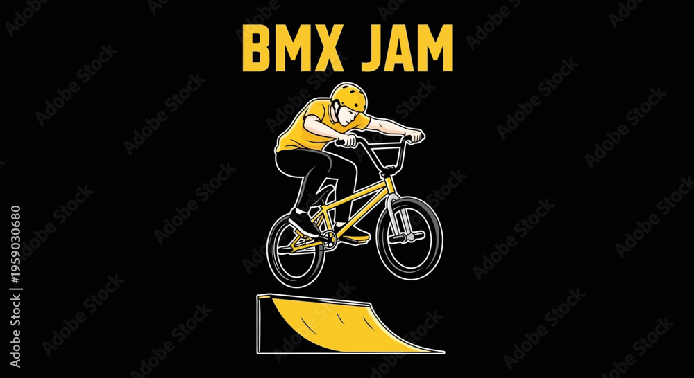 Fototapeta premium BMX Rider Performing Stunt on Bike Over Ramp Against Black Background