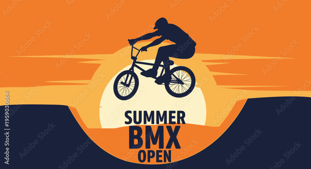 Obraz premium BMX Rider Performing Stunt Silhouette At Sunset, Summer Open Event Graphic Design