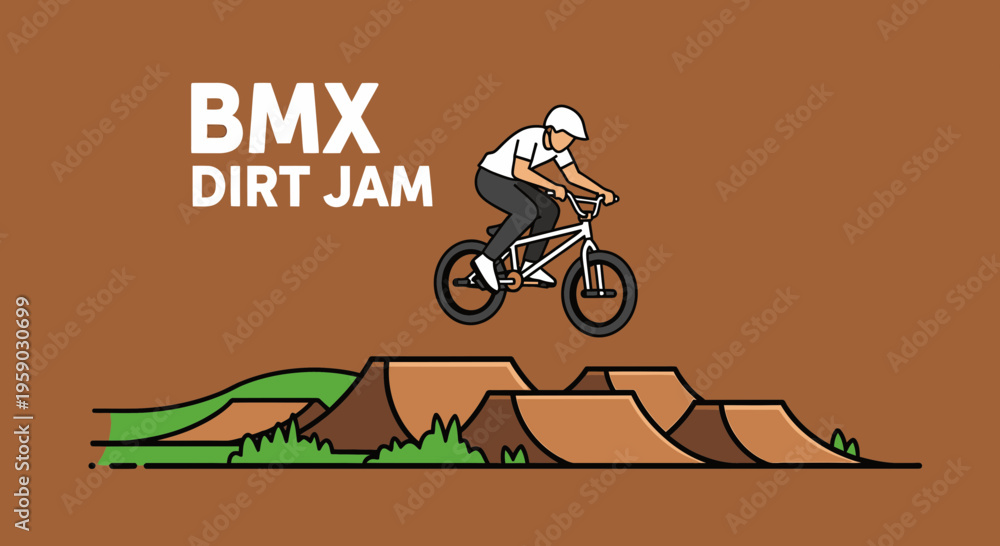 Naklejka premium Bmx Rider Soaring Through The Air Over Dirt Jumps
