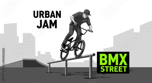 BMX Rider Performing a Skillful Stunt in a Modern Urban City Environment