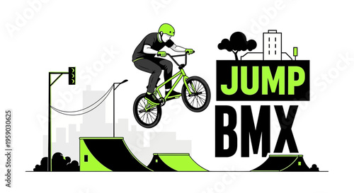 BMX Rider Performing a Jump Stunt in a City Environment with Green Accents