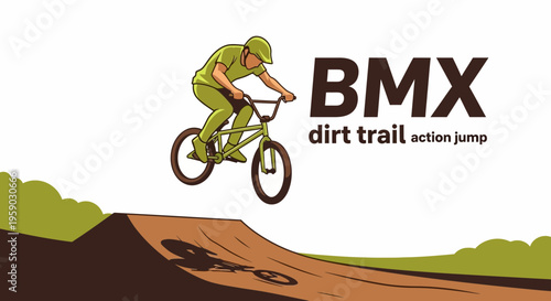 BMX Rider Performing Stunt Jumping Dirt Trail On A Sunny Day With Cool Illustration
