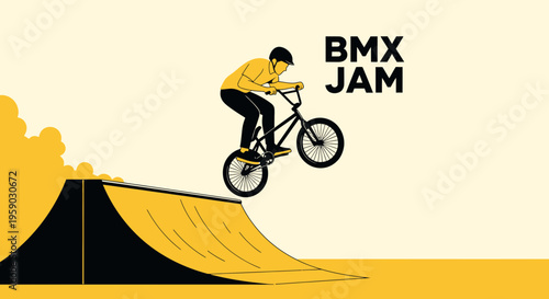 BMX Rider Performing Stunt on Ramp During Competition With Simplified Illustration