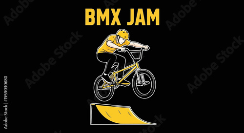 BMX Rider Performing Stunt on Bike Over Ramp Against Black Background