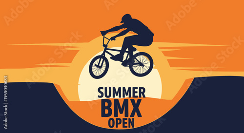 BMX Rider Performing Stunt Silhouette At Sunset, Summer Open Event Graphic Design