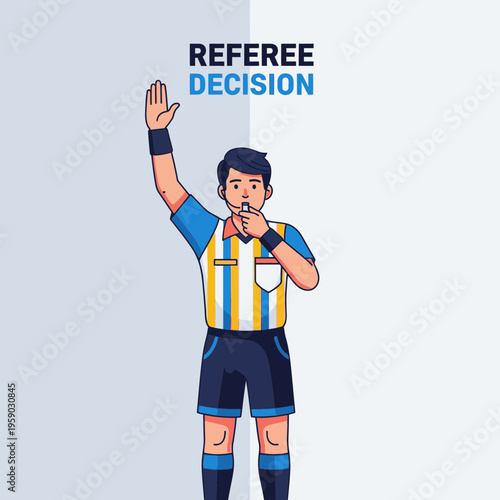 Cartoon Referee Signaling a Foul Play Decision with Whistle and Raised Hand for Sporting