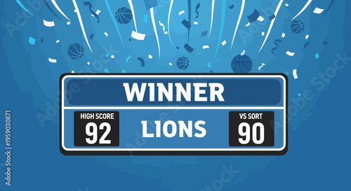 Celebrate Victory Championship Scoreboard With Falling Confetti And Basketballs