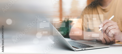 Business professional signing digital documents on tablet with virtual contract interface, electronic signature, online approval workflow, secure authentication, paperless document management system