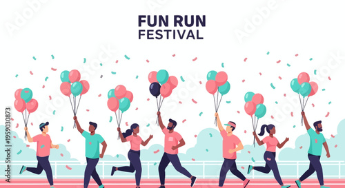 Celebrate Fun Run Festival Joyful Participants With Balloons And Confetti