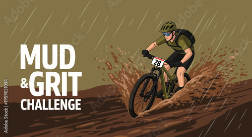 Challenging Mountain Biker Navigating Muddy Terrain During A Rainy Outdoor Sports Event