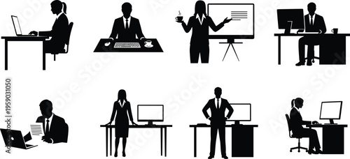 Business professionals working presenting and managing tasks in office environment illustrating corporate workflow productivity leadership modern workplace silhouette vector illustration set
