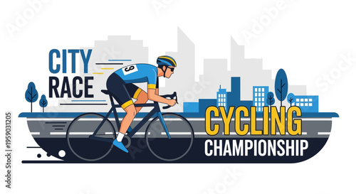 City Cycling Race Championship Illustration Depicting Athlete on Bicycle and Urban Skyline